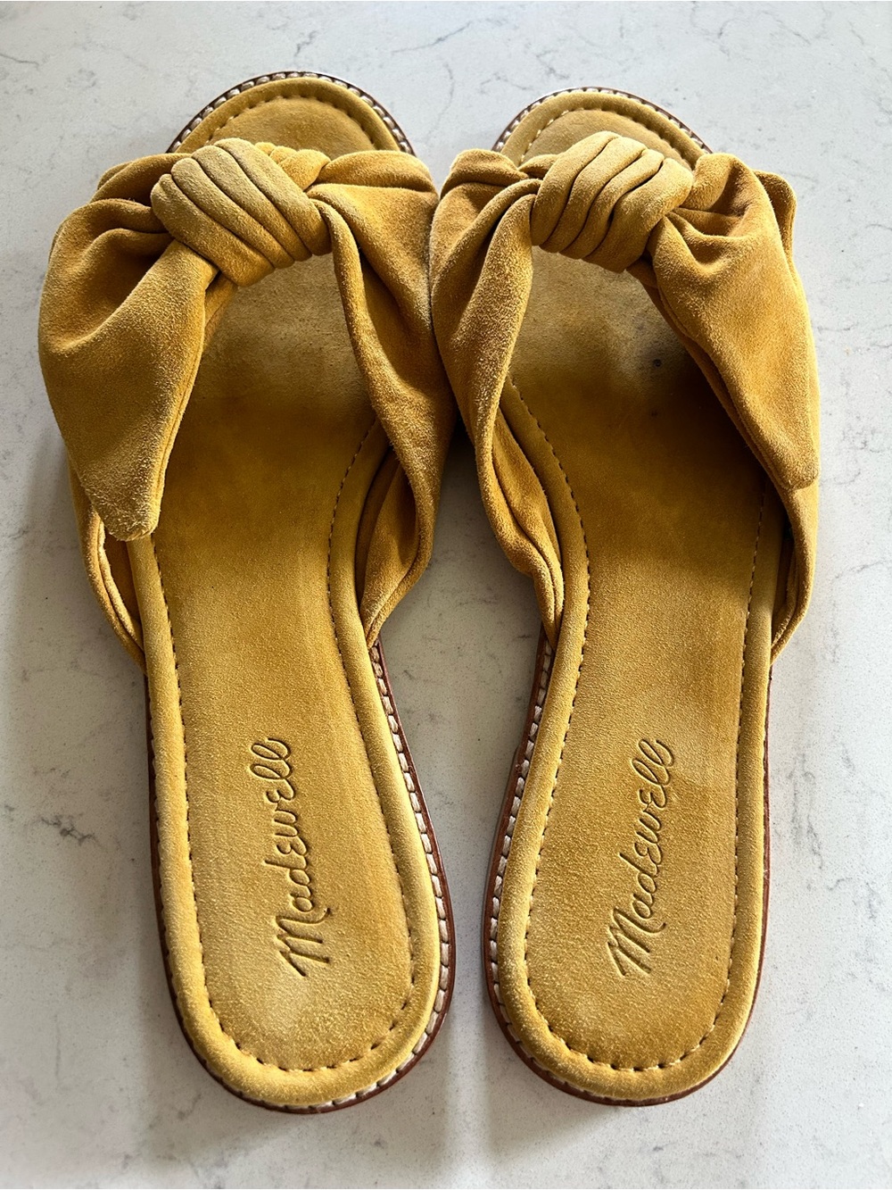 Madewell Suede Half Bow Tan Mustard Slip On Slide Sandals - Picture 10 of 16